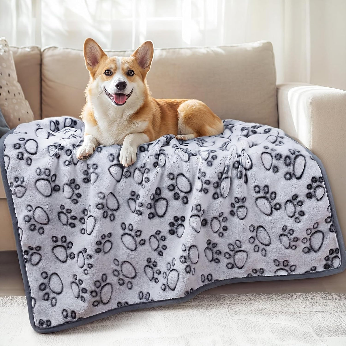 Luciphia Fluffy Paw Print Dog Blanket Large/Medium/Small - Grey Paw / 41x31 inches