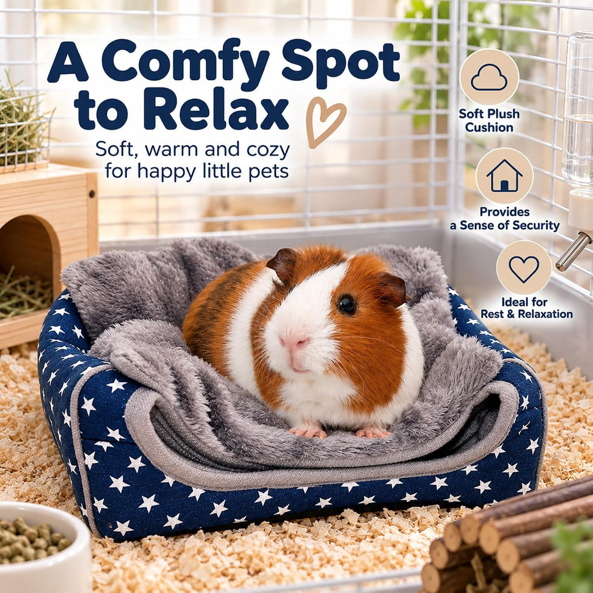 Washable guinea pig bed hideout cave with removable cushion, 10.23 inches square - view 4