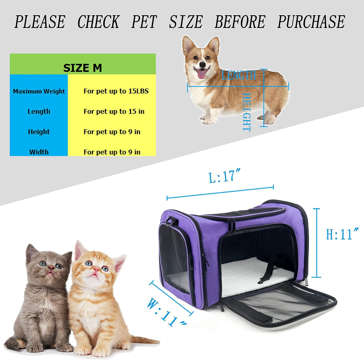 Soft Sided Carrier for Small Medium Cats Dogs - 17.0"L x 11.0"W x 11.0"H / Purple - image 2