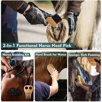 Horse Grooming Kit for Bathing, 13Pcs Horse-Brush Set with Mesh Bag, Shower Brushes, Braiding and Curry Comb, Sweat Scraper, Hoof Pick, Shedding Massaging Tool Supplies for Riders Beginners