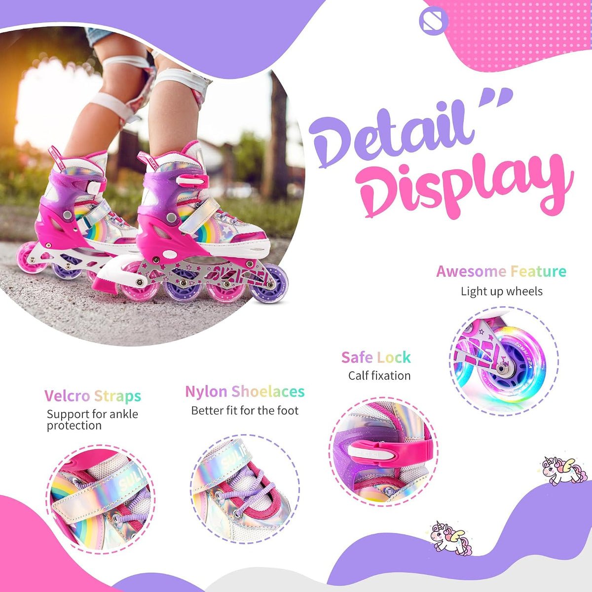 SULIFEEL Rainbow Unicorn Adjustable Kids Inline Skates for Girls Boys – Fun for Kids & Family - C Pink / Large - Youth - image 2