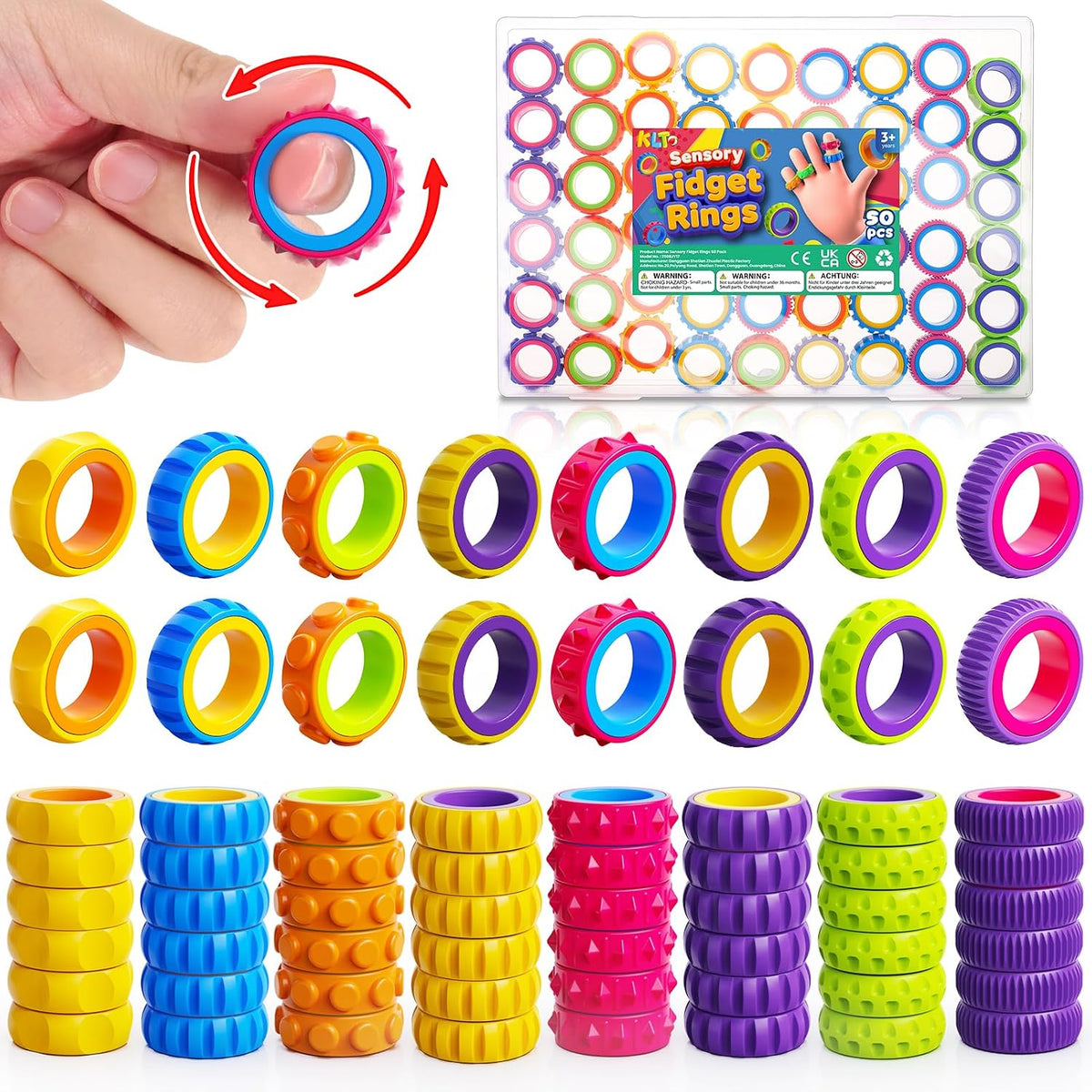 KLT textured fidget rings, 50 colorful silicone sensory rings in six textures - view 2