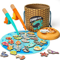 TOP BRIGHT wooden magnetic fishing game with 2 magnet poles and 26 numbered fish