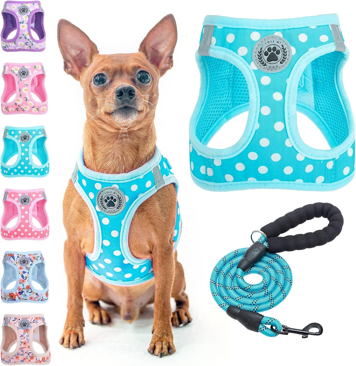 Small Dog Harness and Leash Set, No Pull Puppy Pet Vest, S - XSmall(Chest Girth 13" - 14.5") / Blue Polka Dots