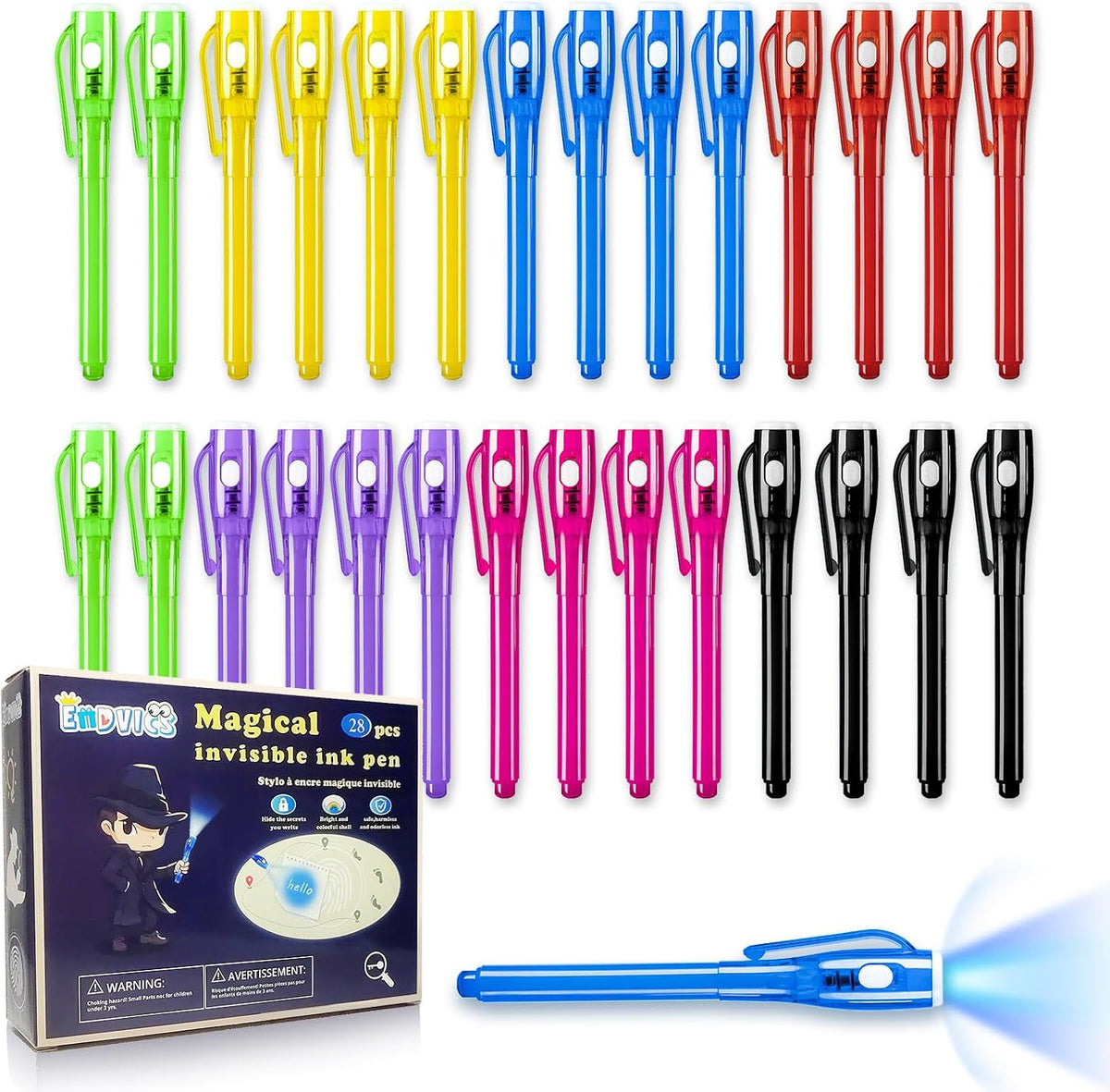 EODVICS 28 pack invisible ink spy pens with built-in UV light caps