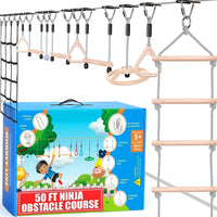 Hyponix Ninja Warrior Obstacle Course for Kids, 13 Obstacles - 2 x 50' + 10 Obstacles / Grey