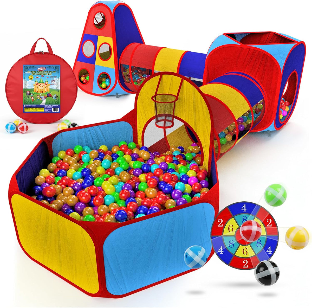 Playz 5pc Pop Up Play Tent and Crawl Through Tunnels for Kids w/Carry - Blue, Yellow, Red