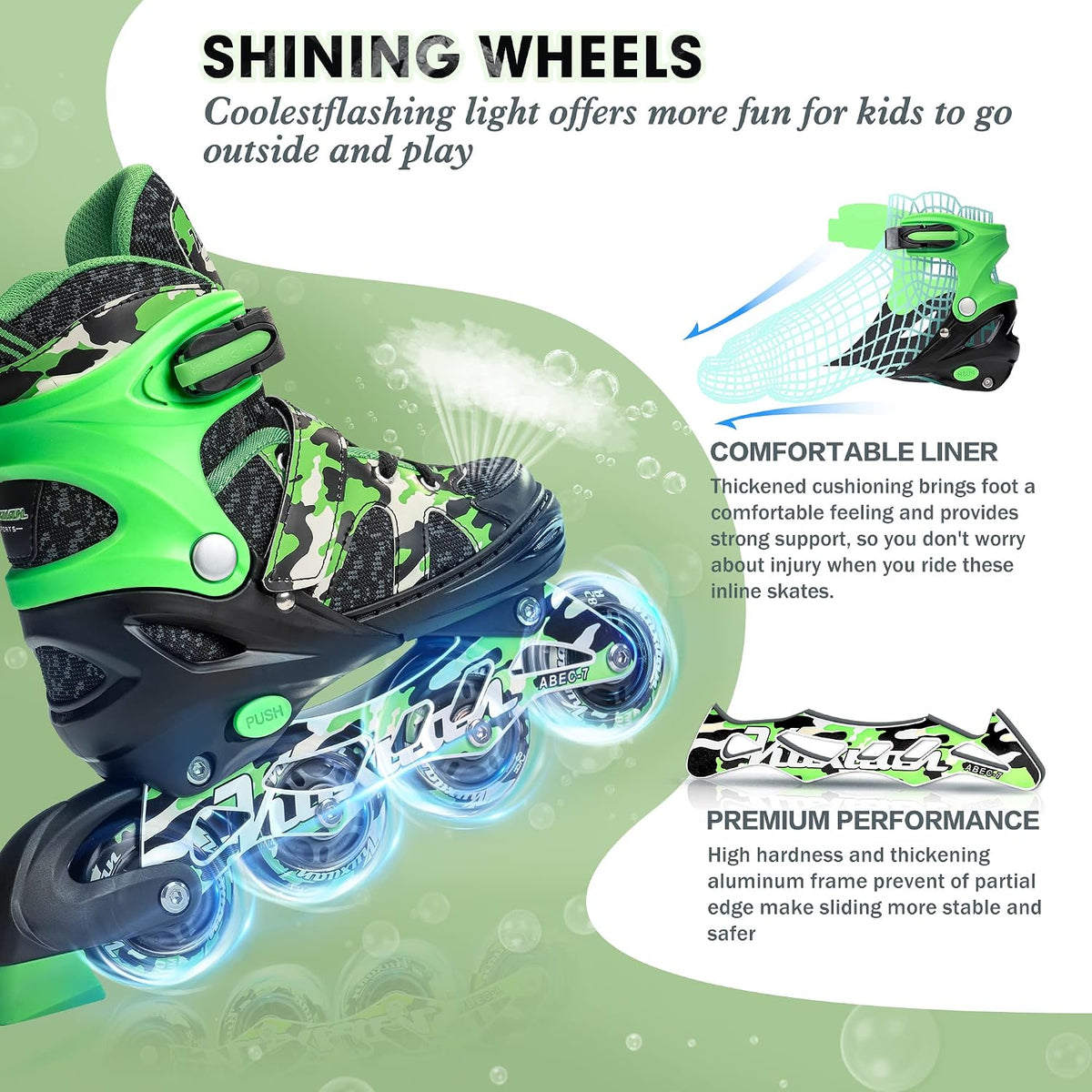 Kuxuan Boys Adjustable Inline Skates with Light up Wheels for Kids - Green Camo / Large(Kids 3-6 US) - image 3