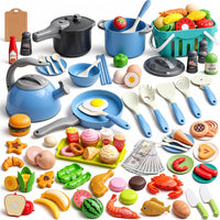 130Pcs Kitchen Playset, Toddler Pretend Cooking Play Pots, Pans - Blue / 130 Pcs