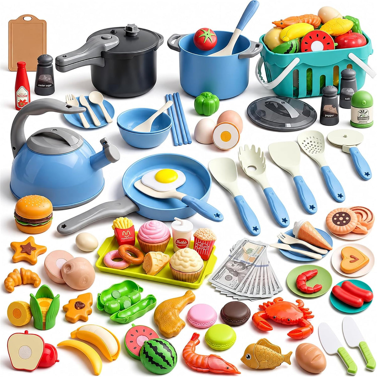 130Pcs Kitchen Playset, Toddler Pretend Cooking Play Pots, Pans - Blue / 130 Pcs