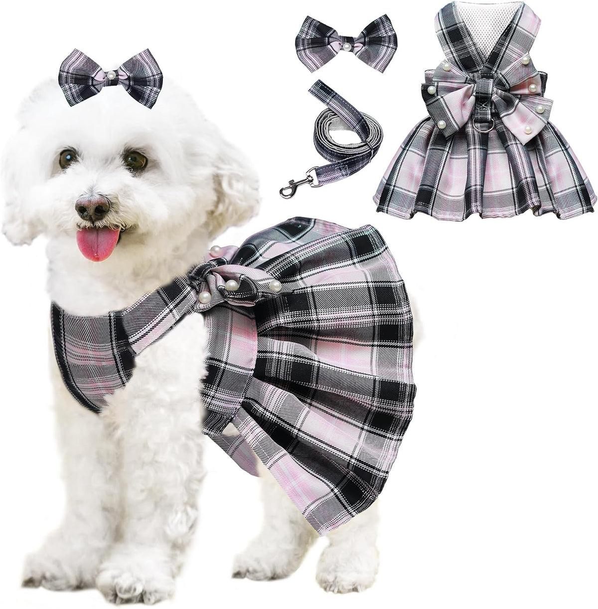 Dog Dress Bowknot Harness Leash Set for Small Dogs Girl Cute Plaid - Black / Small