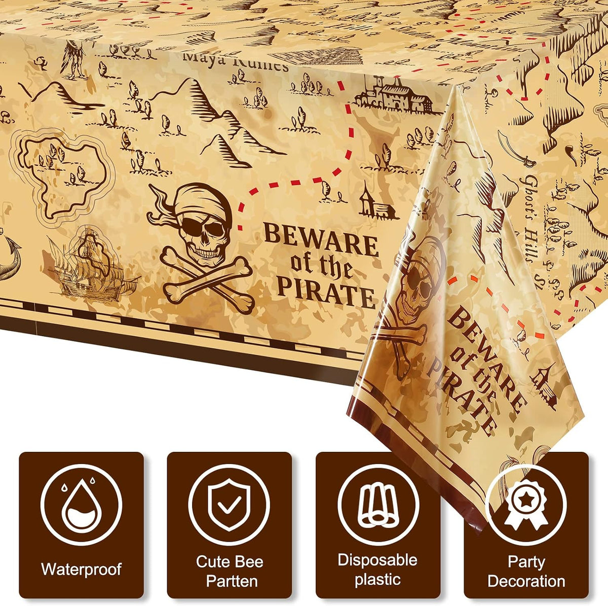 Irenare pirate tablecloth printed with a treasure map, skeleton, boat, mountain and treasure chest - view 9