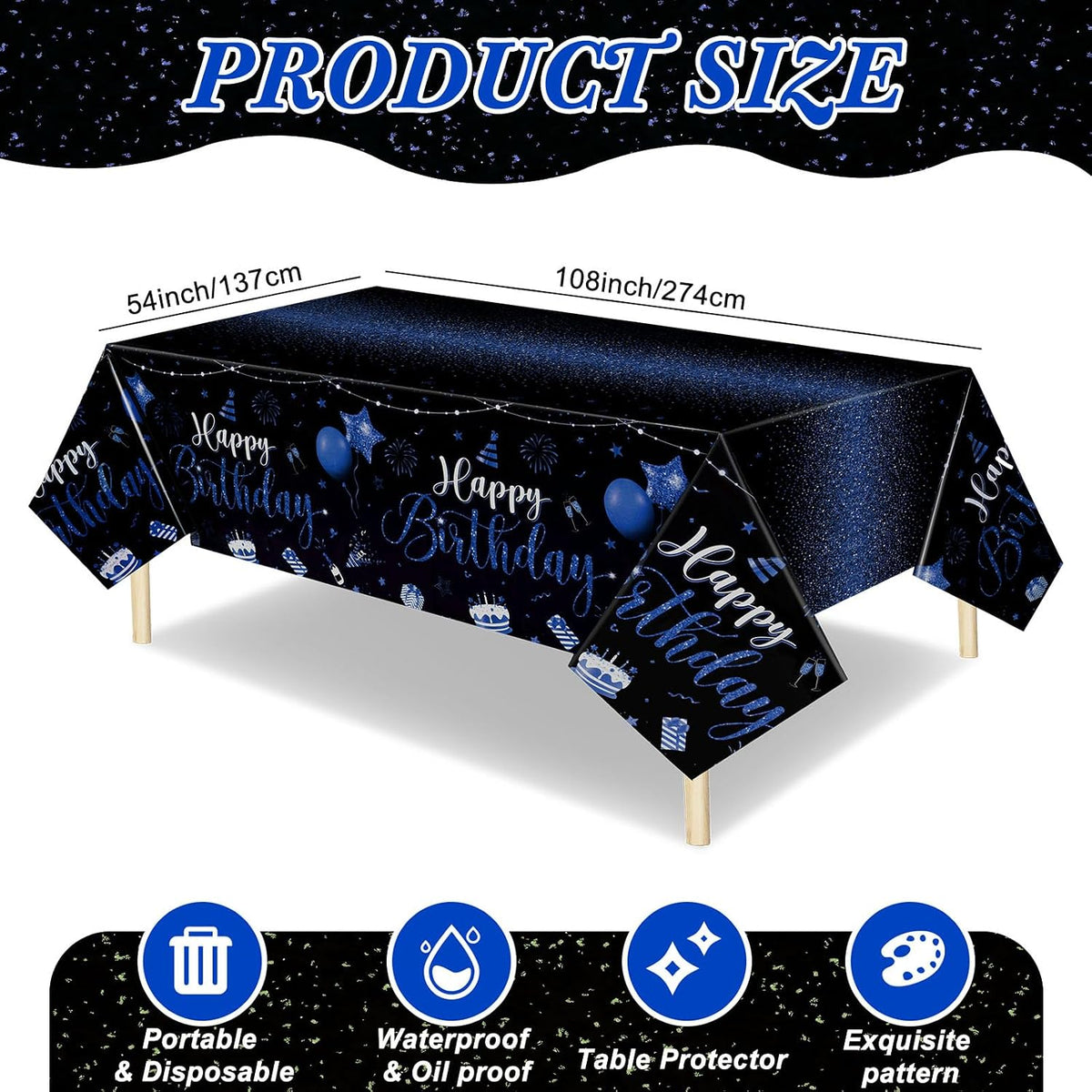 Tudomro 3 Pcs Plastic Happy Birthday Party Tablecloths - Black Blue / 6 - image 4