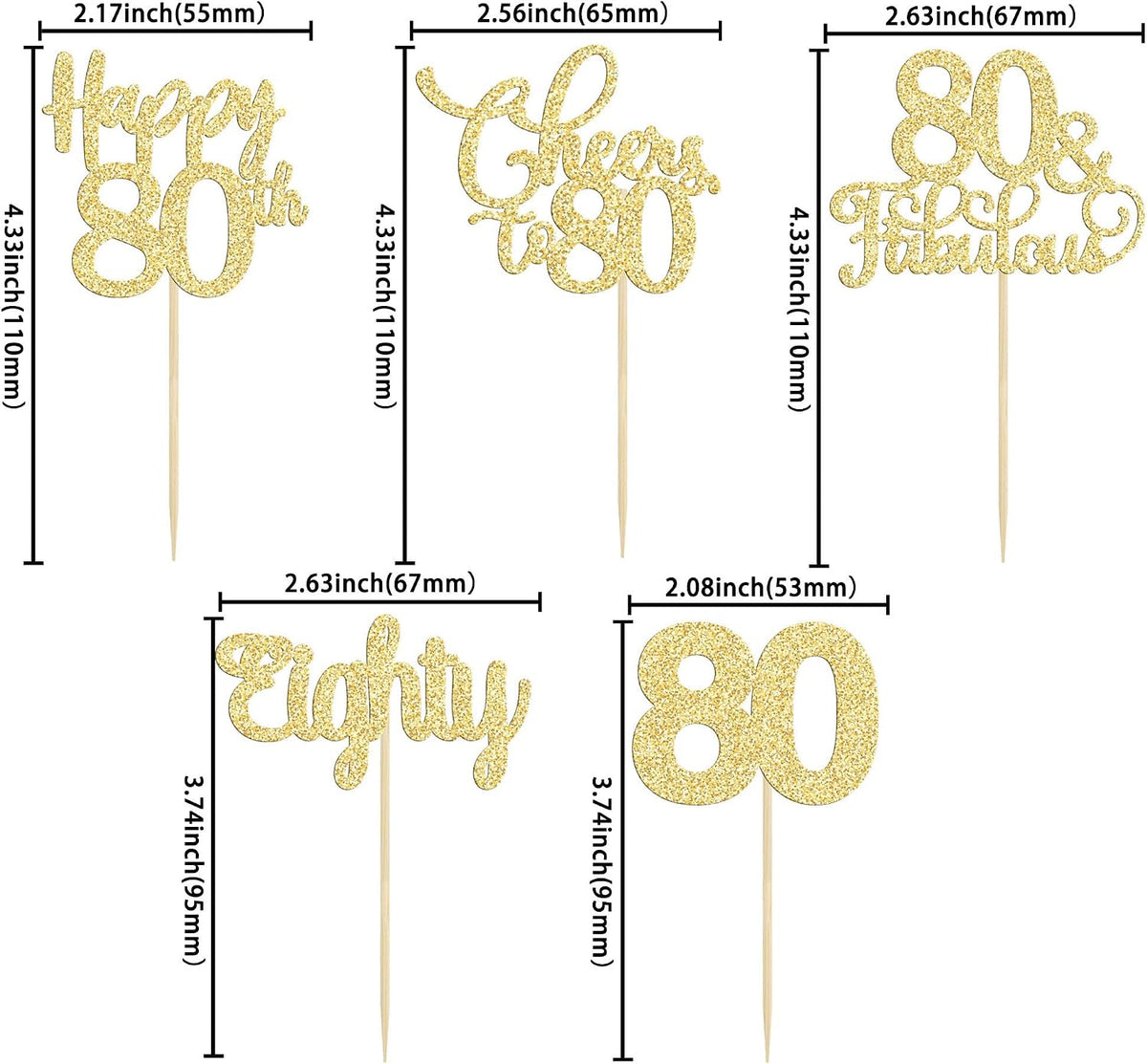 30 Pack Happy 80th Birthday Cupcake Toppers Gold Glitter Eighty - 80th / Gold - image 2