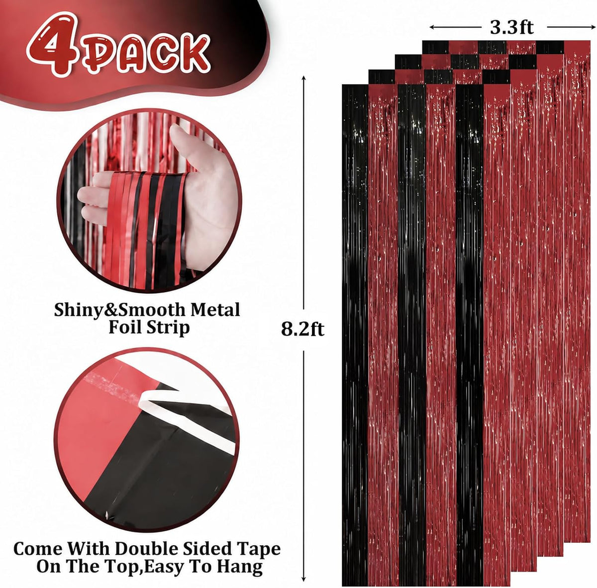 Voircoloria 2 Pack Gold Foil Fringe Backdrop Curtains - Red and Black / 4 - image 3