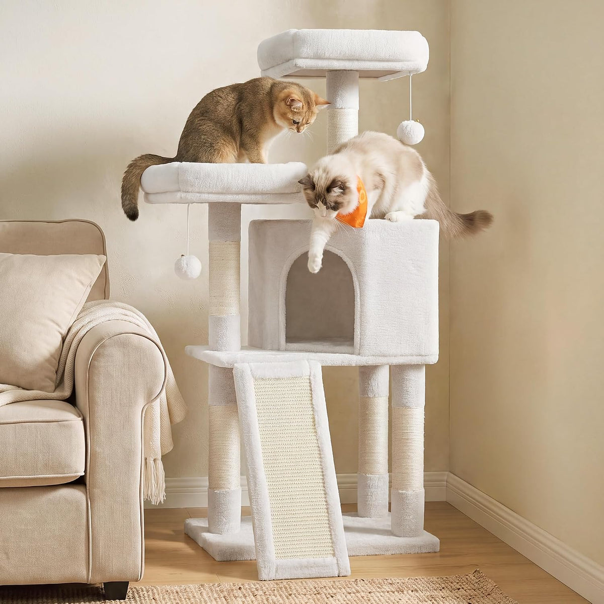 Feandrea Cat Tree, Plush Climbing Condo, Green - Cream White