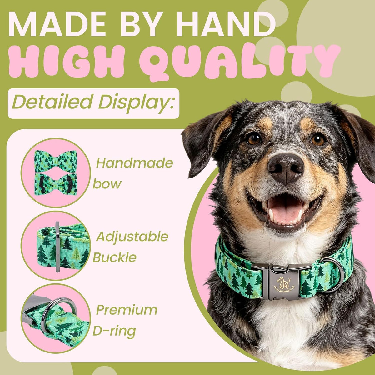 Dog Collar with Bow, Elegant Little Tail Blue Plaid Boy Dog Collar Cute Bow – Essentials for Dogs - Pine Tree / Large (Pack of 1) - image 2