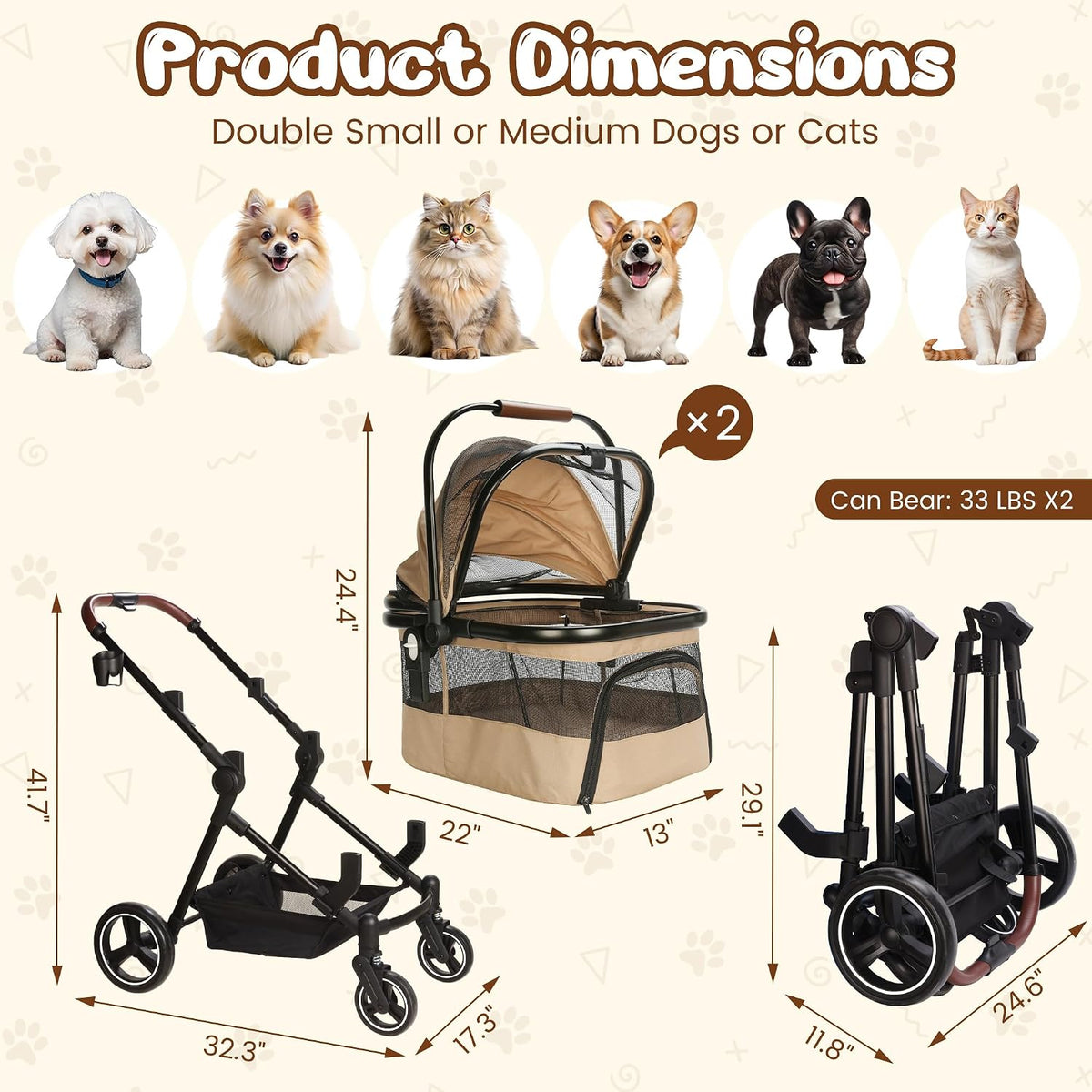 Foldable Double Pet Stroller for 2 Small Medium Cats Dogs – Essentials for Cats - Khaki / Double - image 3