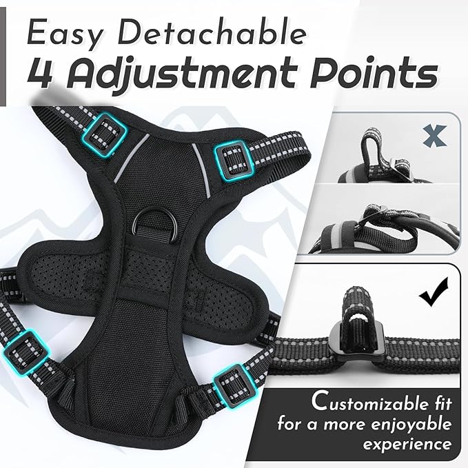 Eagloo Small Dog Harness No Pull, Service Vest with Reflective Strips and Control Handle, Adjustable and Comfortable for Easy Walking, No Choke Pet Harness with 2 Metal Rings, Black, XS