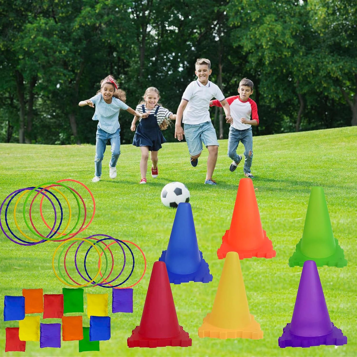 Aykzaqe outdoor games set for kids with traffic cones, colorful rings and bean bags - view 3