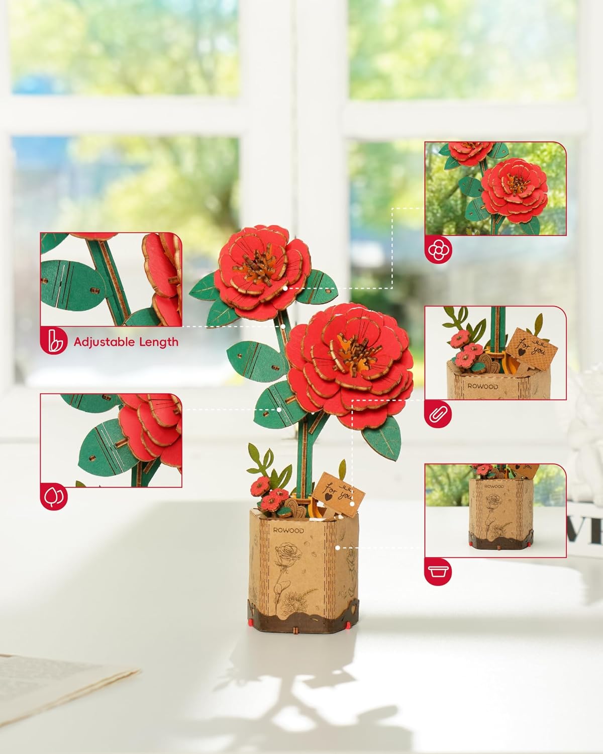 rowood 3D Puzzles for Adults - Red Camellia - image 4