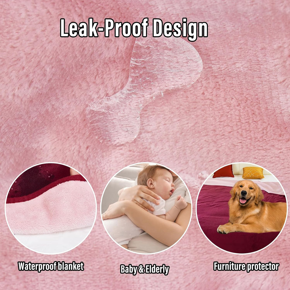 Waterproof Blanket for Bed Couch Sofa, Reversible & Reusable Cat - 40"x60" / Burgundy/Rose Pink - image 3