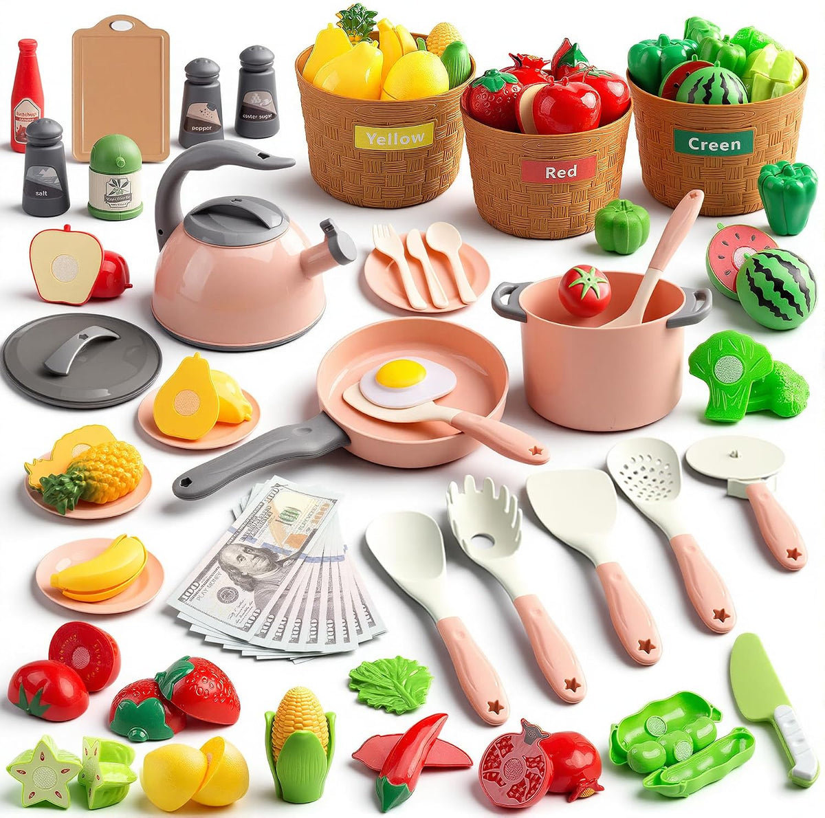 35Pcs Kids Kitchen Toy Accessories - Pink / 90Pcs