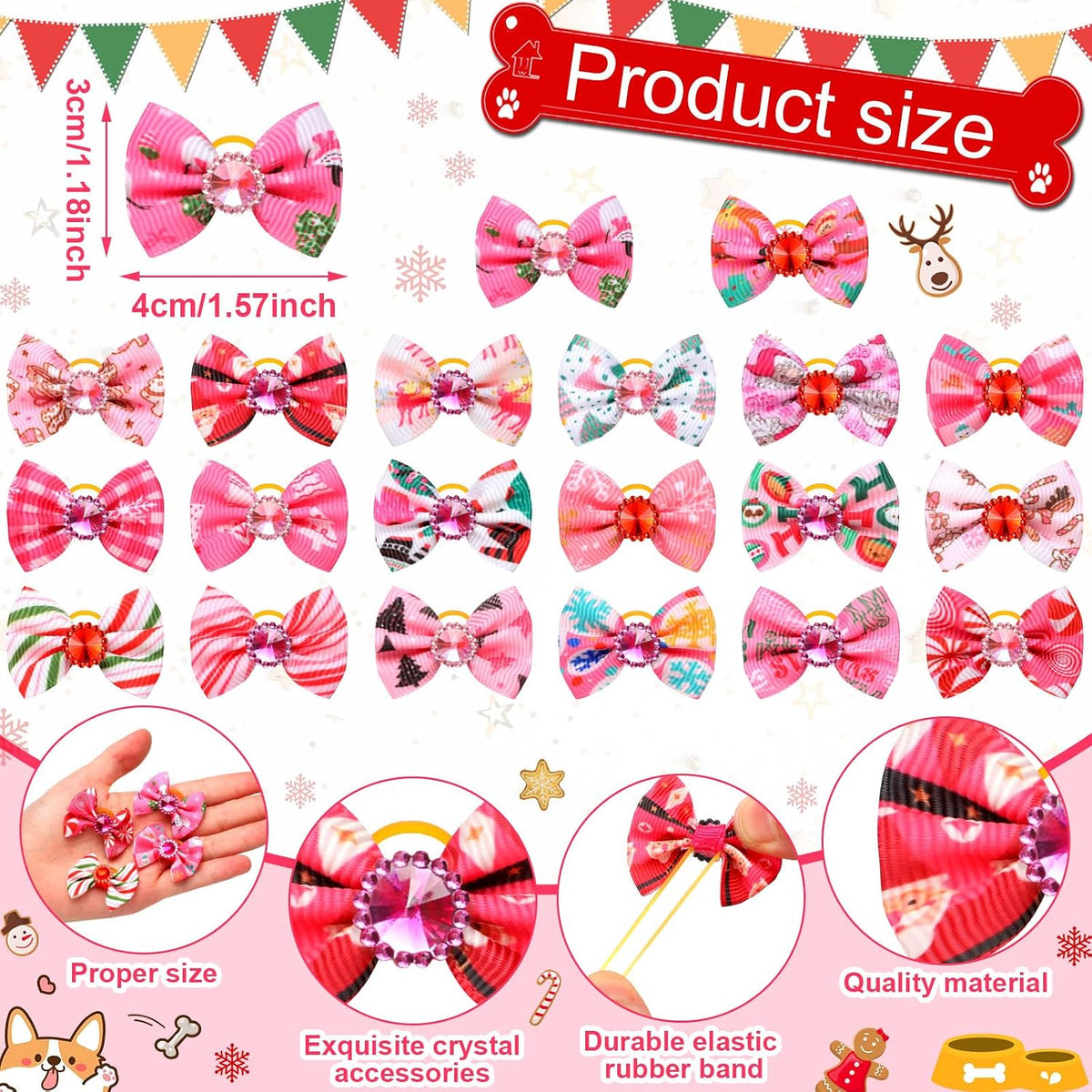 Tondiamo 100 Pack Halloween Dog Hair Bows Ghost Pattern Rubber Bands – Essentials for Dogs - Pink Christmas - image 2