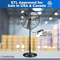 Comfort Zone Industrial Pedestal Fan, 30 inch, 3 Speed, High Velocity, Adjustable Height 56” to 76”, Metal, Meets OSHA Standards, Airflow 36 ft/sec, Ideal for Garage, Workshop or Warehouse, CZHVP30