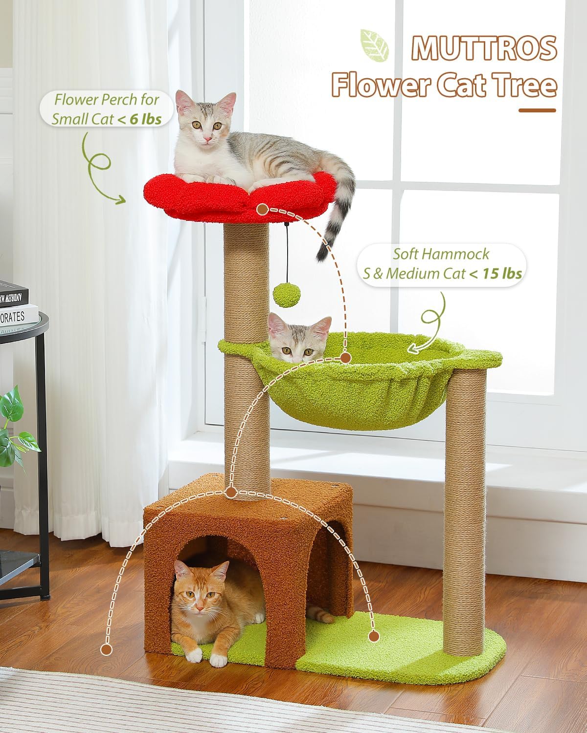 Flower Cat Tree with Large Metal Frame Hammock - 35" Upgraded Flower Cat Tree / Forest Brown - image 2