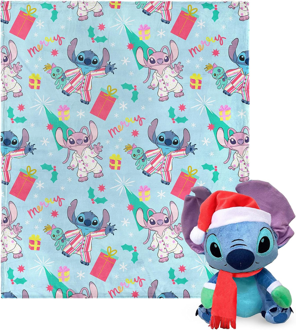 Northwest Character Hugger Pillow & Silk Touch Throw Blanket Set - Lilo & Stitch Holiday Jammies