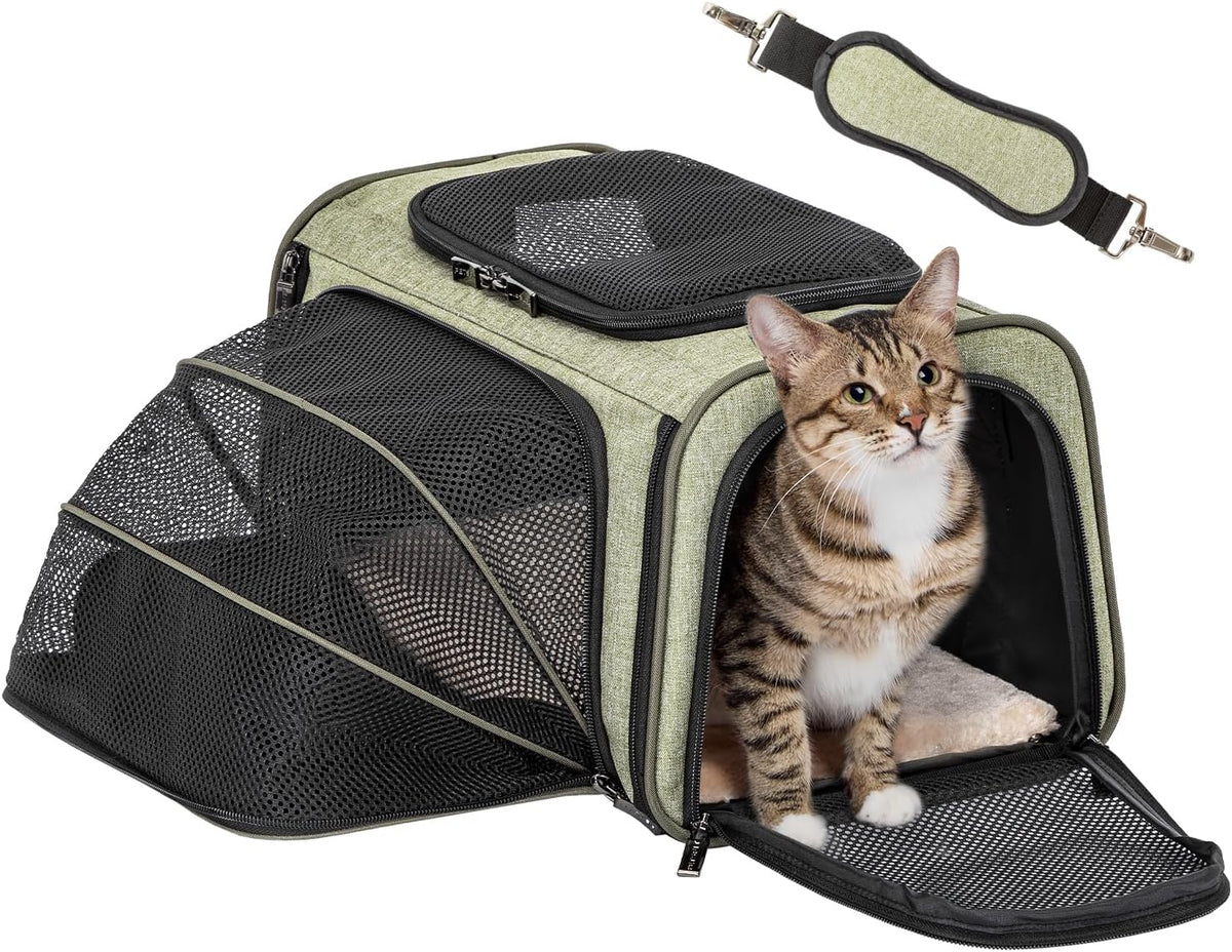 Petsfit Medium Expandable Cat Carrier for Air Travel - 16.0"L x 10.0"W x 9.0"H / Green