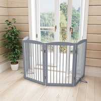 Freestanding Wooden Pet Gate - Foldable Indoor Dog Gate, 80 Inch Wide, 4 Panels, Grey