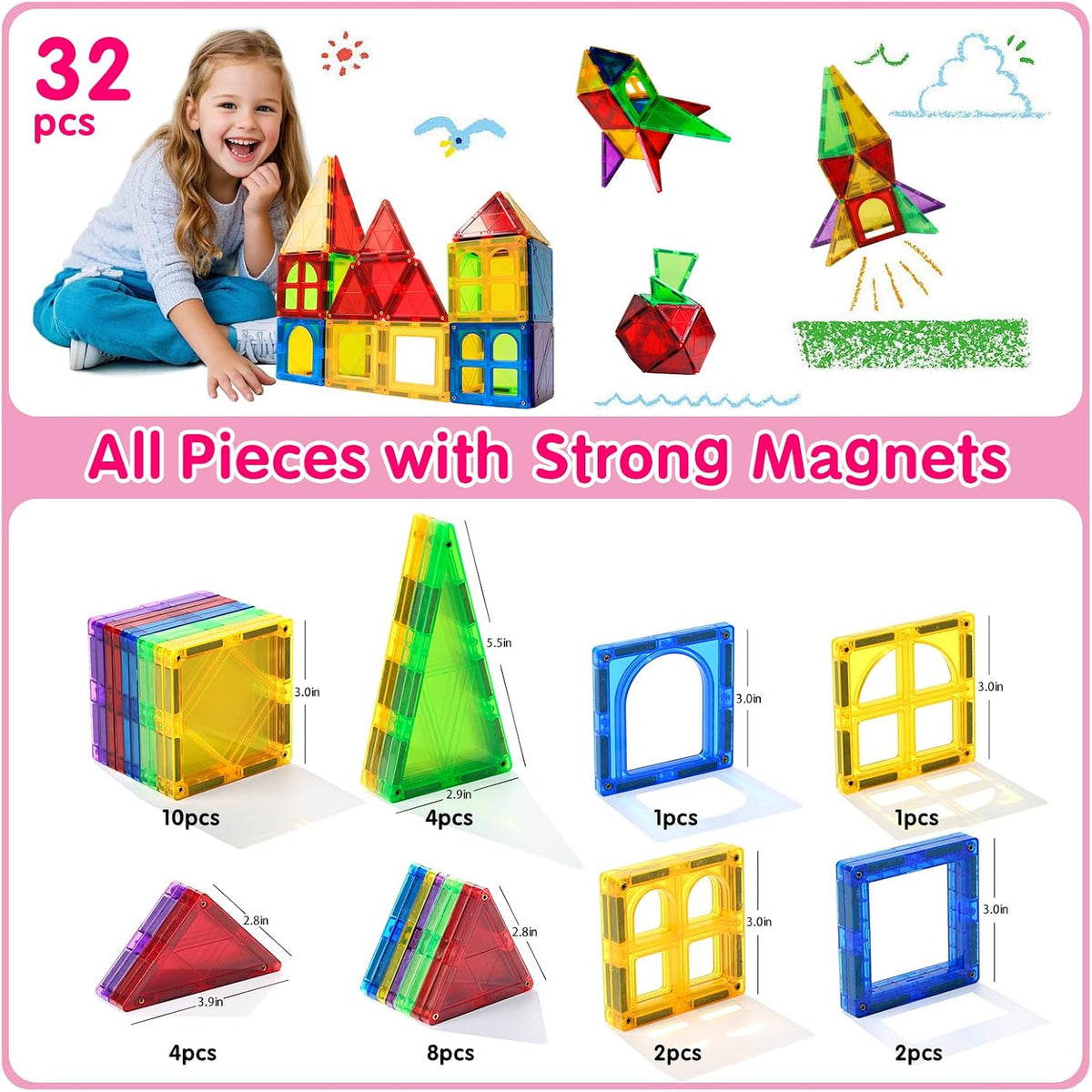 Magnetic Tiles Kids Magnetic Blocks 32PCS Building Sets for Kids Ages - 32pcs Magnetic Tiles - image 3