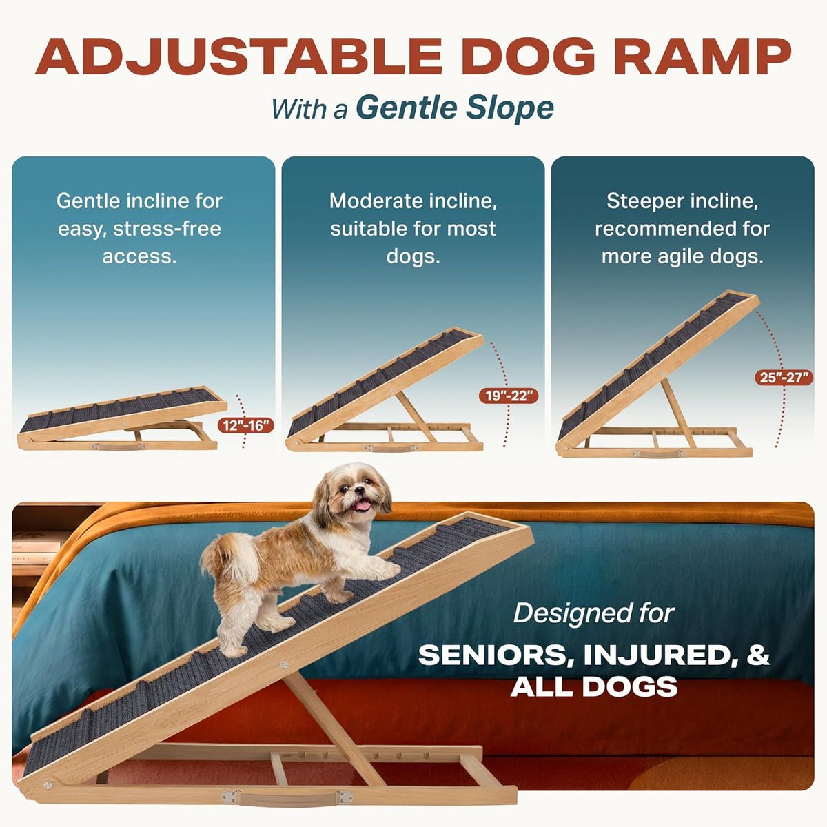 Adjustable Dog Ramp for Bed, Wooden Dog Ramp for Couch - Light Brown / 45" Long x 16.5" Walking Space - image 3