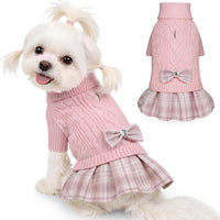 YUDODO knitted small dog sweater dress with bow and turtleneck