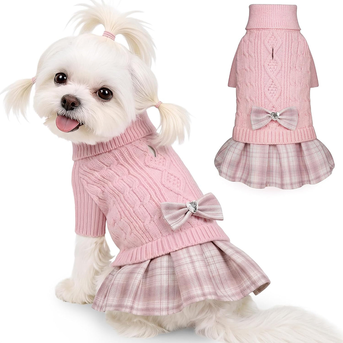 YUDODO knitted small dog sweater dress with bow and turtleneck