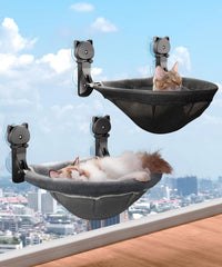 Cat Window Perch Cordless, Foldable & Stable Cat Beds - Faux Rabbit Fur+Mesh Cover / Grey+Black