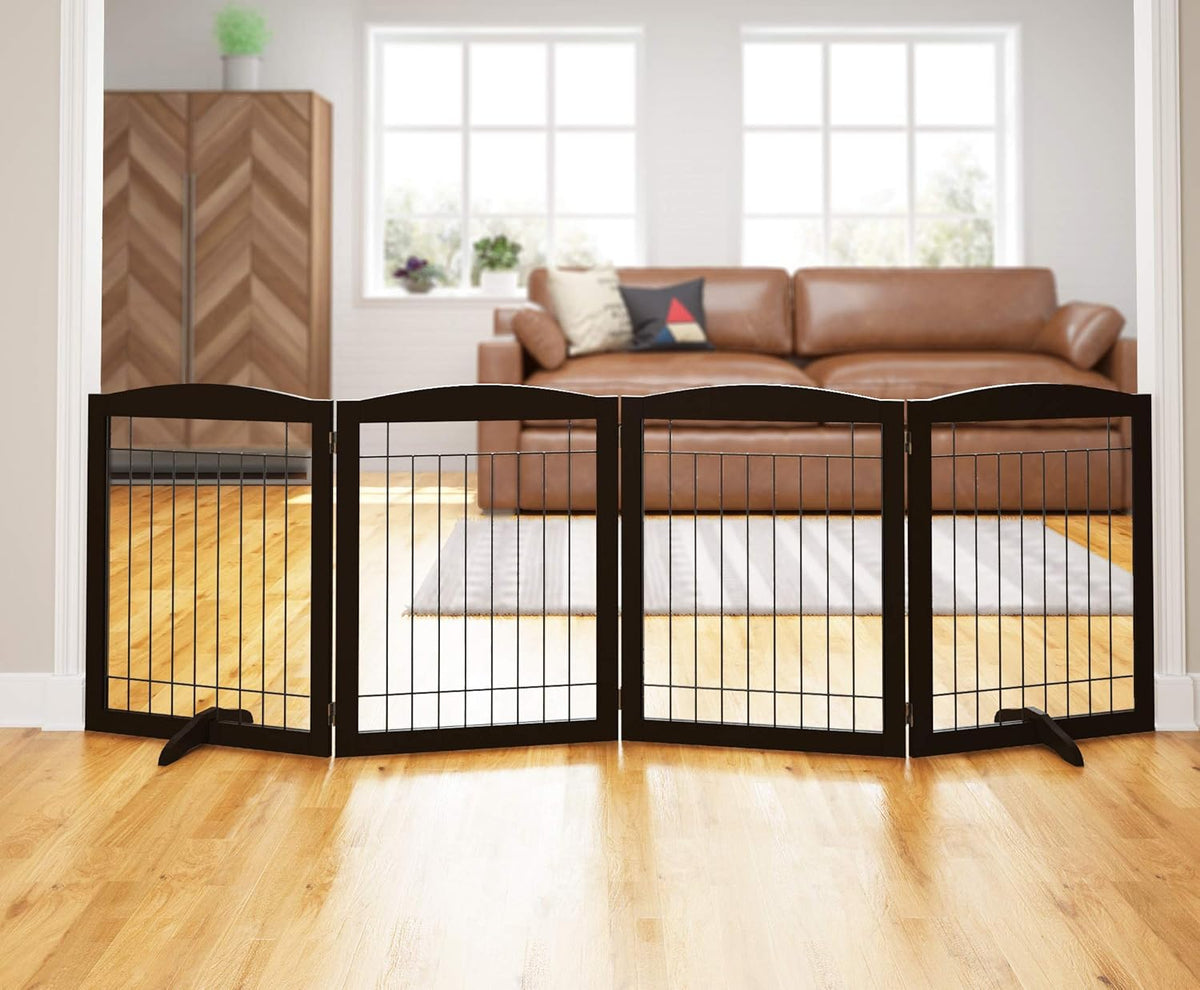 PAWLAND Dog Gate Indoor with Door, Freestanding, Foldable - Espresso / 【4 Panels】96"W x 32"H