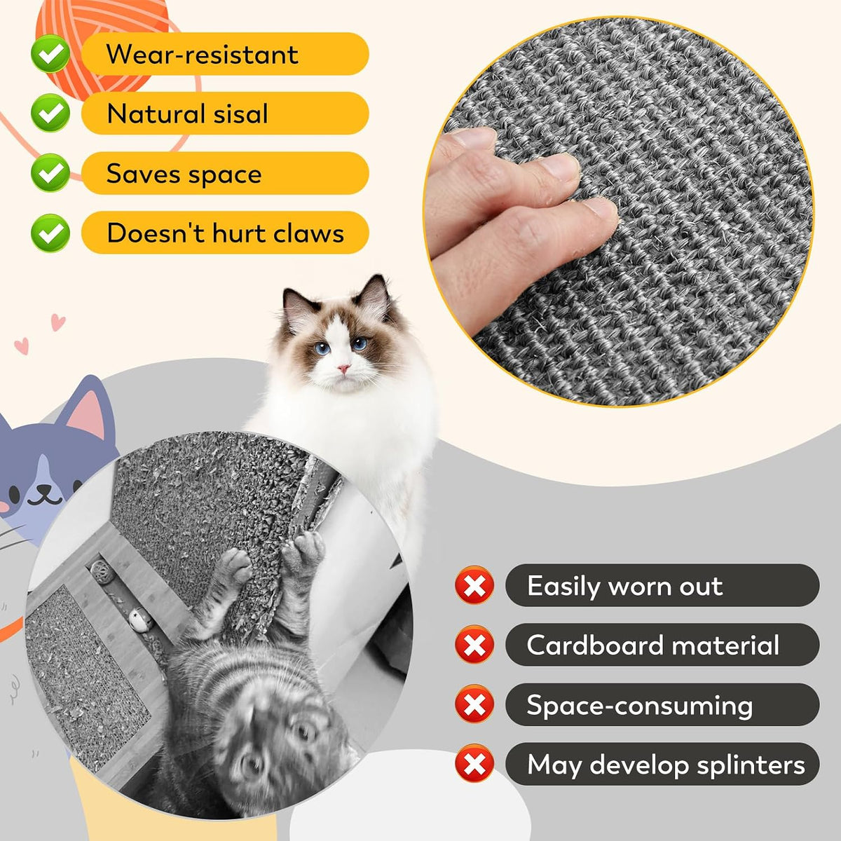 Sisal Cat Scratcher Mat with Sticky Tapes - Gray / 23.6" x 15.7" (2-Pack) - image 2