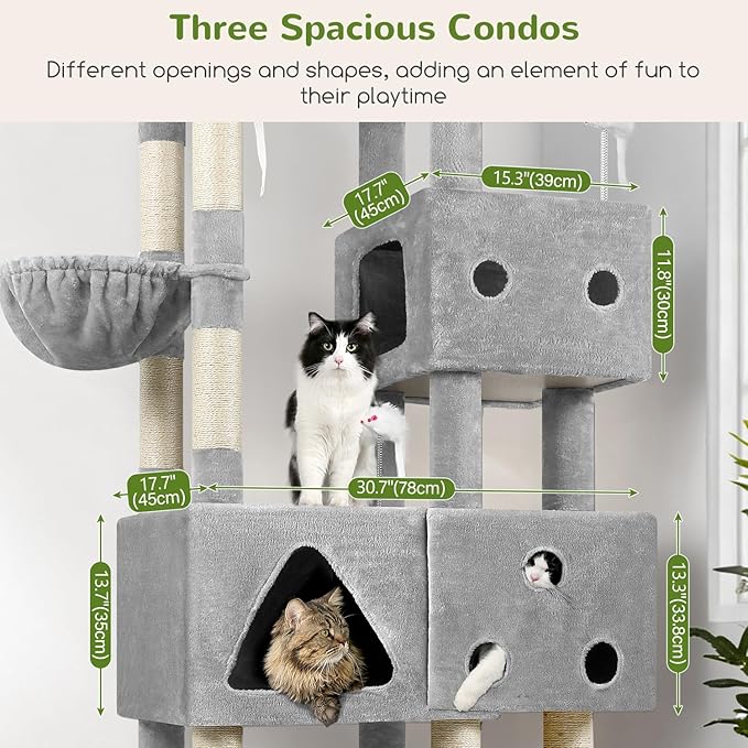 Globlazer Extra Large Cat Tower, 81-inch Tall Cat Tree for Big Cats 20 lbs, XXL Heavy Duty Cat Scratching Tower for Indoor Adult Cats with 3 Cat Condos, 8 Scratching Posts, F81, Light Grey