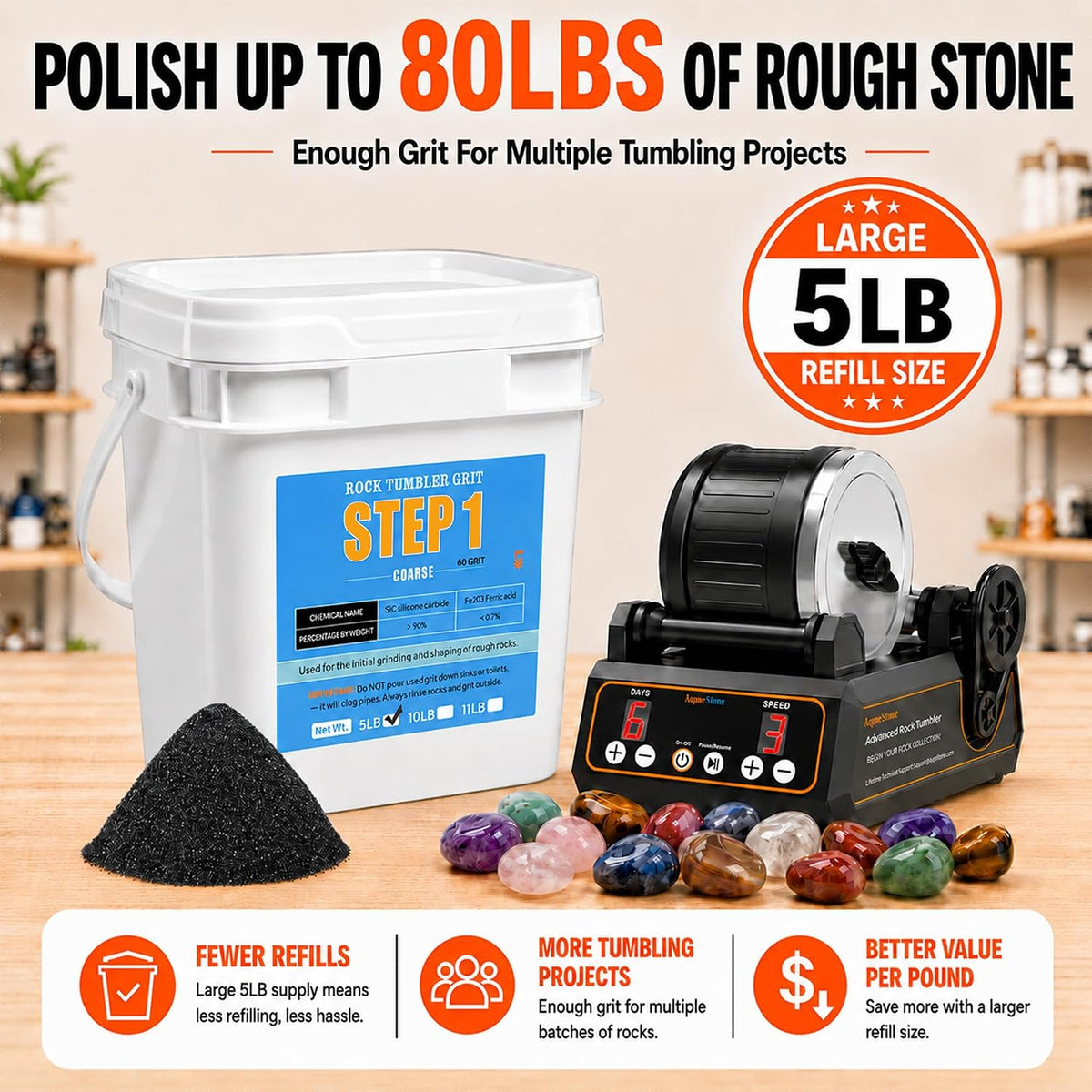 KomeStone 6 lb rock tumbler grit and polish refill kit in 4 bottles - view 17