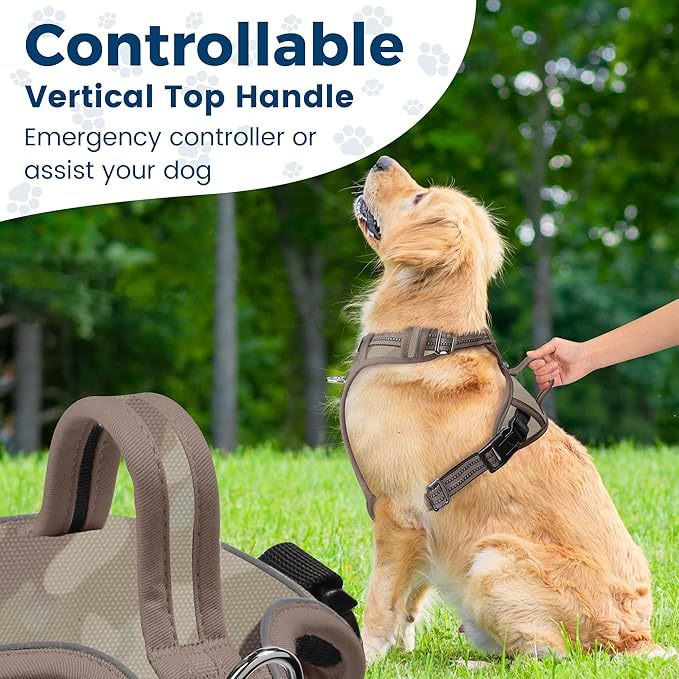 Funfox Dog Harness No Pull, Adjustable Pet Vest Harness, Super Soft Material with Vertical Handle Easy Control, Reflective Night Walking, 2 Leash Clips for Medium Sized Dogs, Camo Brown, M