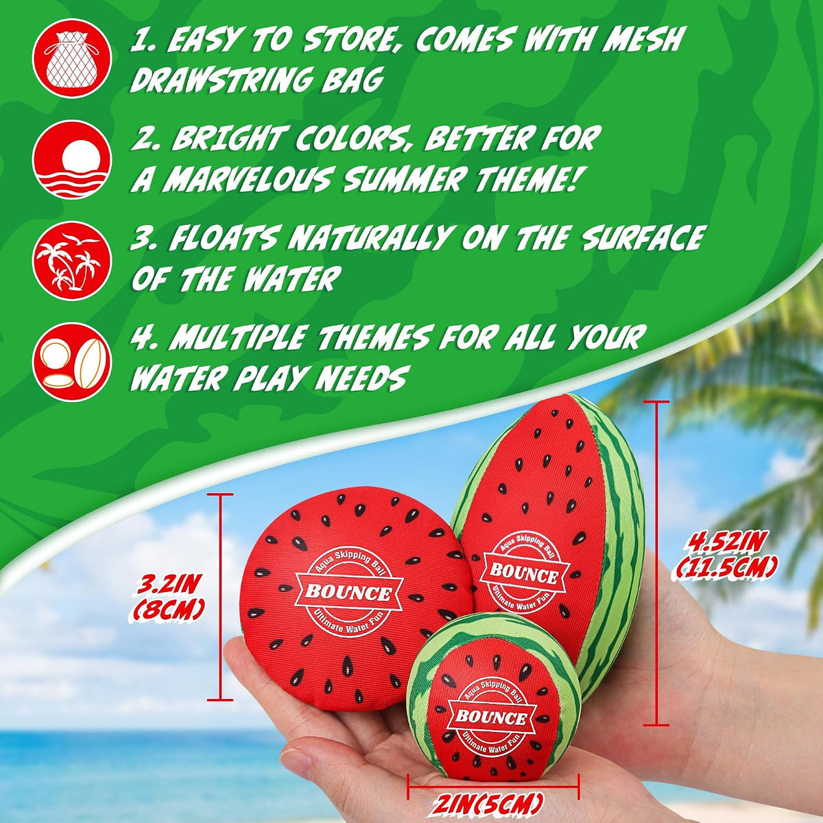 Billeeit. 5Pcs Rainbow Water Skipping Balls Set for Pool - Watermelon - image 3