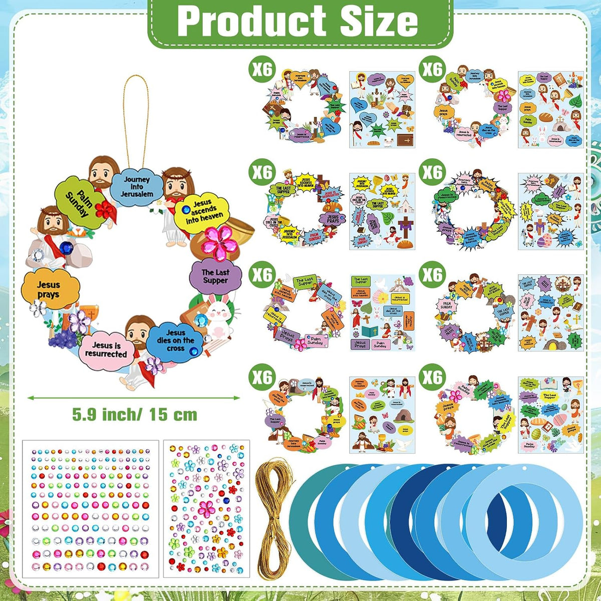 Hollowfly Thanksgiving paper wreath craft kits with gem stickers, ribbons and wool balls - view 12