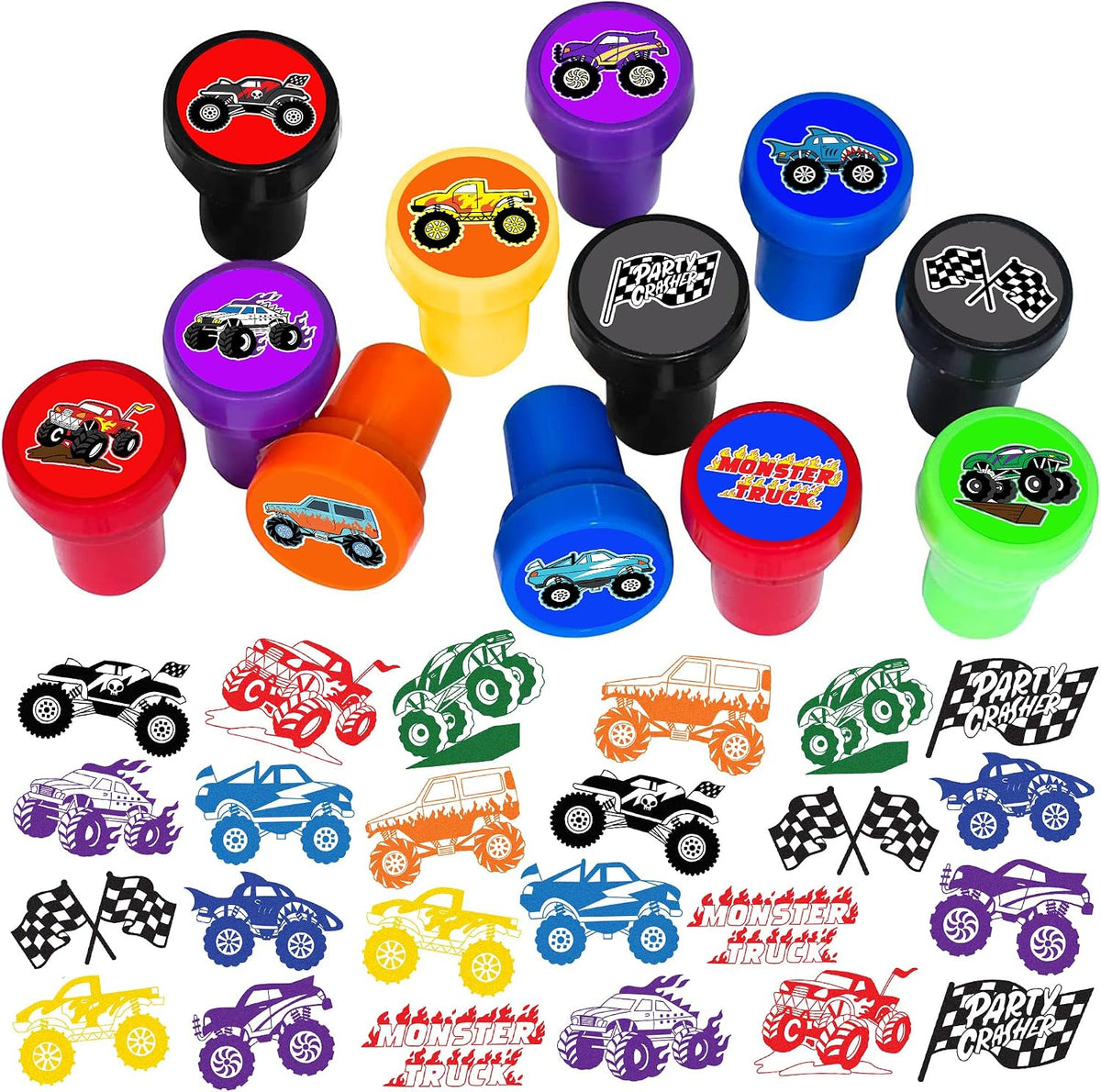 Car and truck stampers for kids, 12 pre-inked stamps in different vehicle designs and colors - view 5