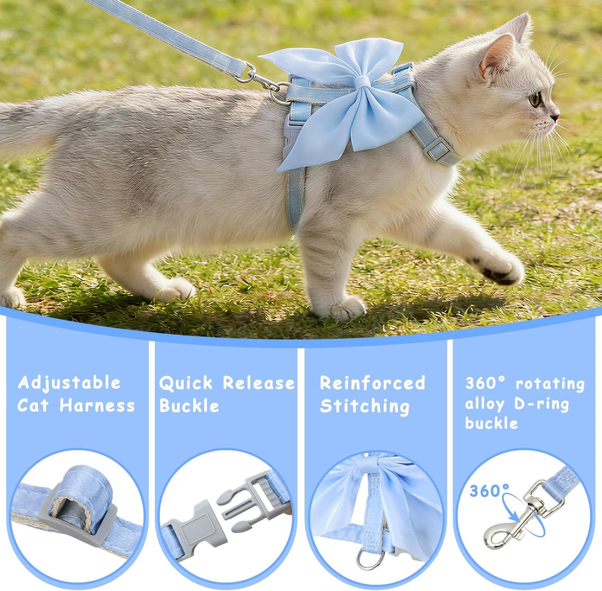Tensho Pink Bow Cat Harness and Leash Set, Escape Proof - Blue Bow / S - image 2