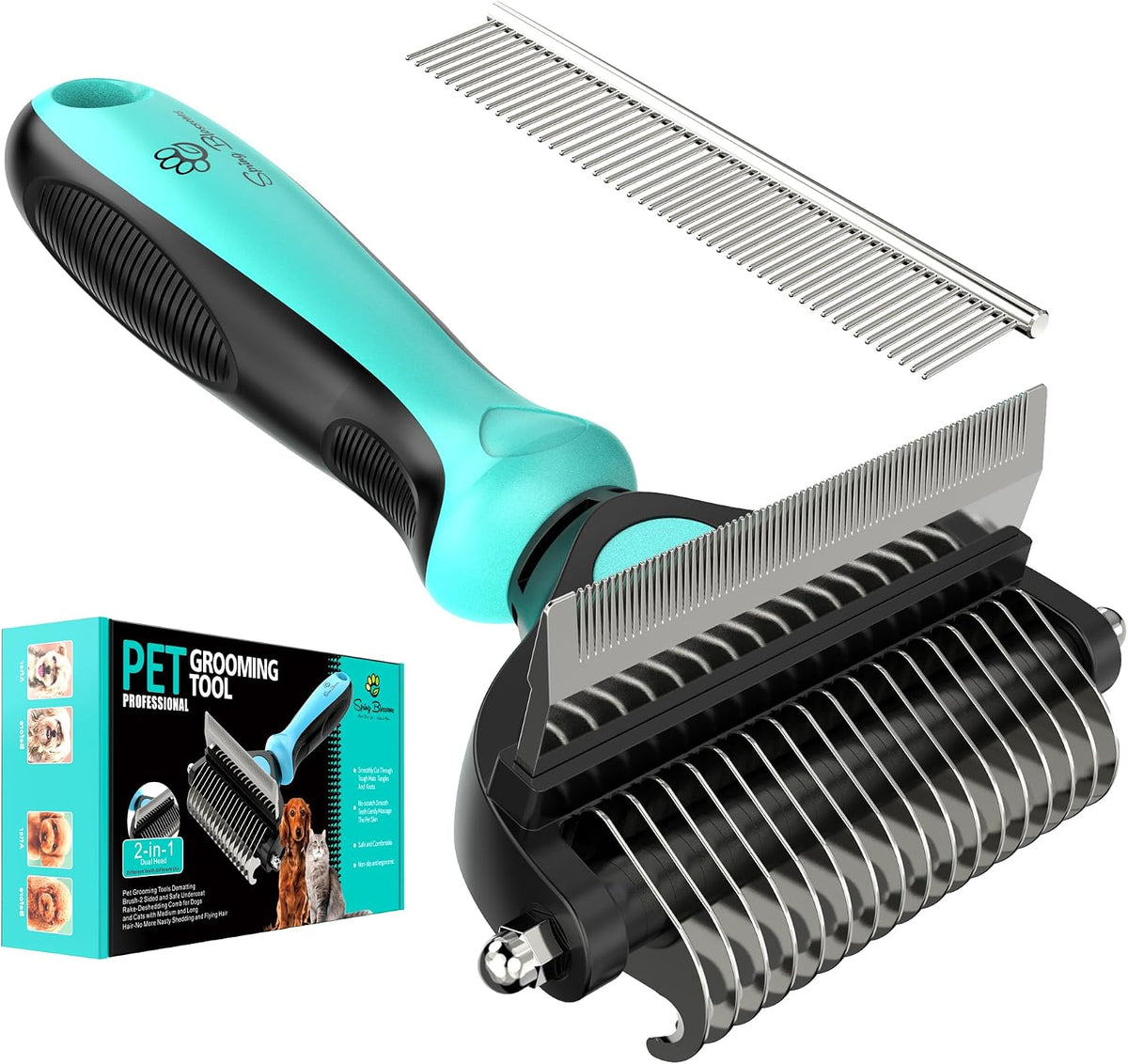 Spring Blossoms-2 in 1 Professional Grooming Rake for Cats - Cyan