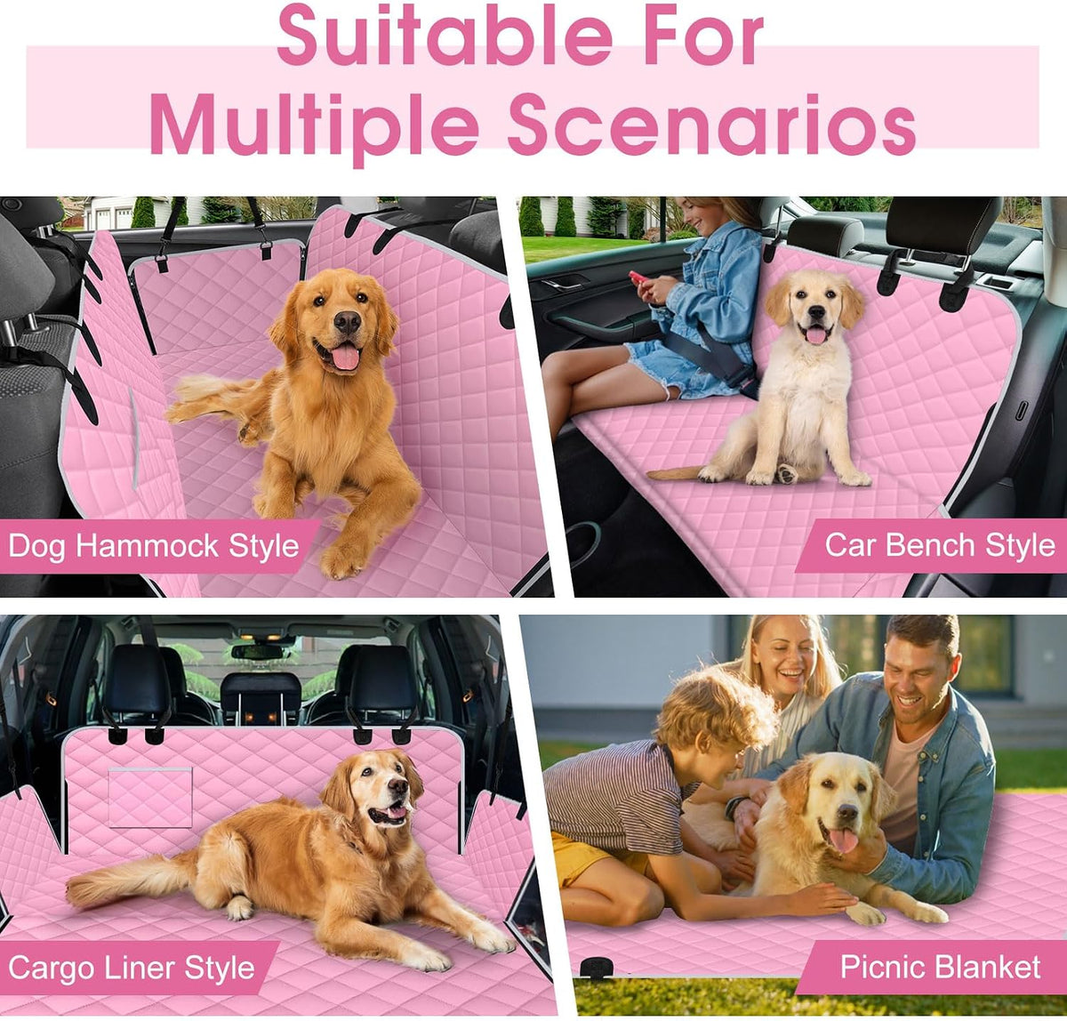 Waterproof Dog Car Seat Cover for Back Seat, Pet Hammock, L - Pink,Grey / Small,Standard - image 4