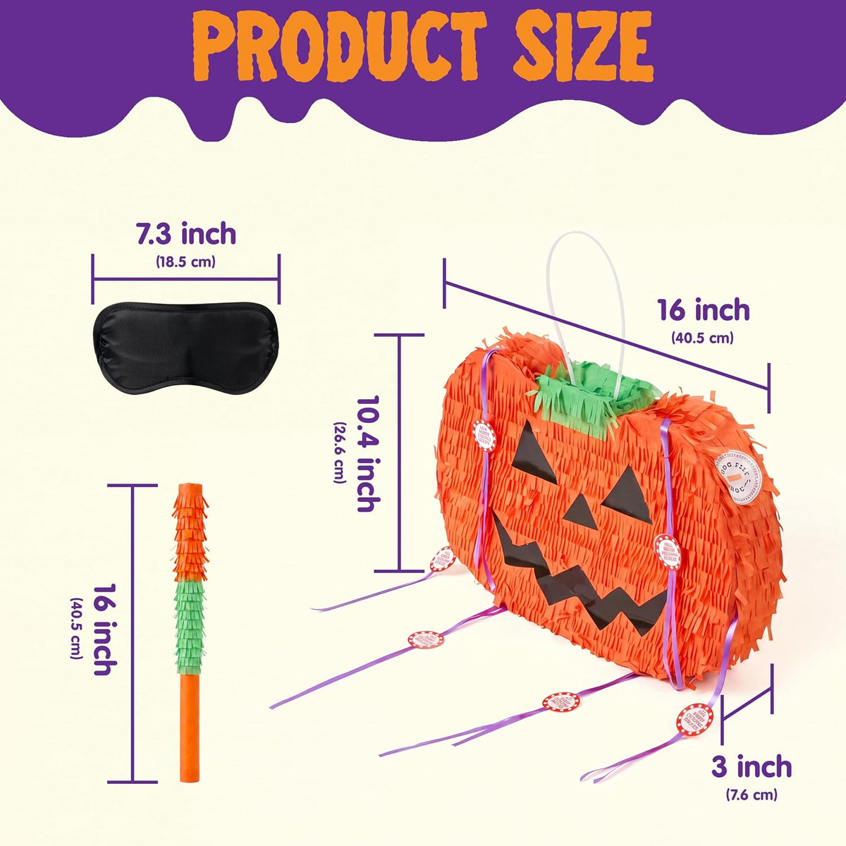JOYIN Pumpkin Piñata Set, Foldable 10.5 x 16 Inch Jack-O’-Lantern Piñata with Stick and Blindfold - Pumpkin Pinata Set-3pcs - image 3